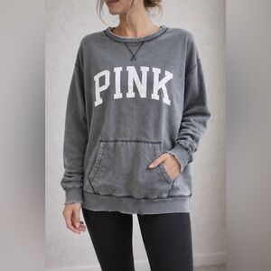 PINK distressed charcoal crewneck